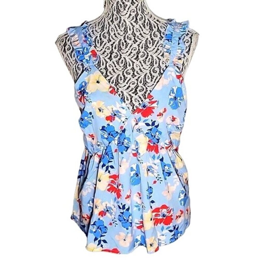 LUUKSE  NEW Floral Ruffle Trim V-Neck Tank Top Light Blue Multi XL‎ F2501018